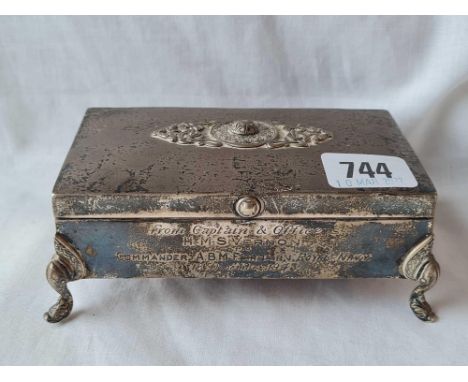 Good Irish cigarette box with applied Celtic style decoration. 6 inch wide. Dublin 1912 By R &amp; WS Inscribed from Captain 