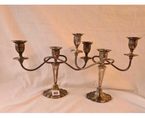 Pair of three light candleabra of Adam design with shaped oval bodies. 9.5 inch high Birmingham 1973