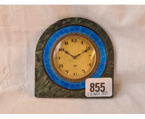 Decorative travelling clock with blue enamel band, marble surround 3.5 inch high