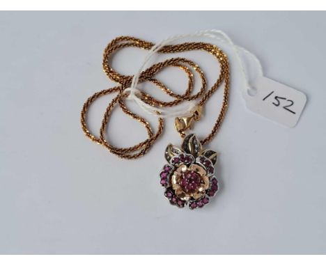 A diamond &amp; ruby silver gilt pendant on silver gilt rope twist chain 13g inc