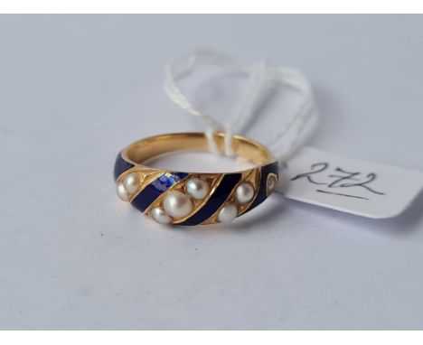 An exceptional 18ct gold Victorian blue enamel &amp; pearl ring size K 3.4g inc