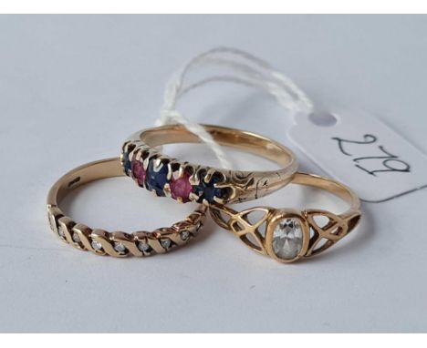 A sapphire &amp; ruby 9ct ring and two other gem set 9ct rings 6.5g inc