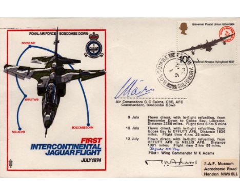 RARE 1st Intercontinental Jaguar flight cover 1974 signed by Air Cdr Cairns AFC and the pilot Wg Cdr M Adams. Good condition.