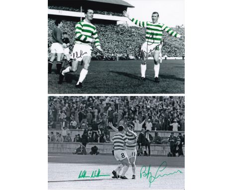 Autographed CELTIC 1967 12 x 8 Photograph : B/W, depicting Celtic's WILLIE WALLACE and BOBBY LENNOX embracing one another fol