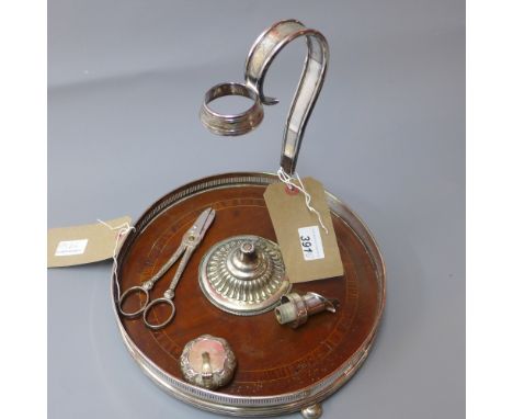 A Georgian silver plated and mahogany galleried tray, diameter 30cm together with a bottle holder, and other silver plated it