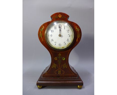 An Edwardian balloon shaped mantle clock with floral inlay, on ball feet, H 27cm 