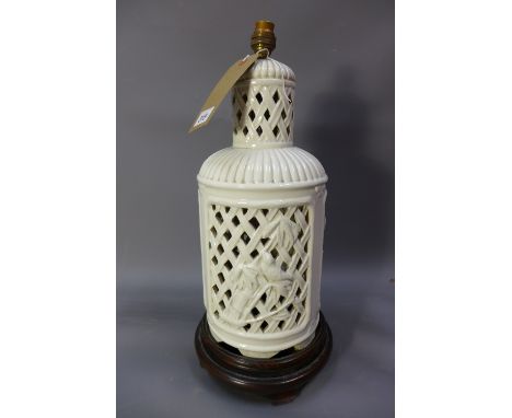 A White porcelain lamp with pierced decoration and in the Chinese taste H 50cm 