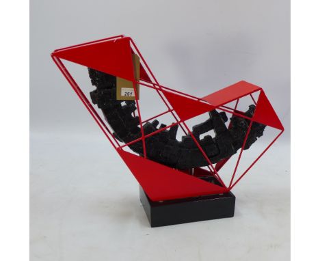 A contemporary architectural sculpture on a black slate plinth indistinctly signed to base, H 54 x W 68 x D 19cm 