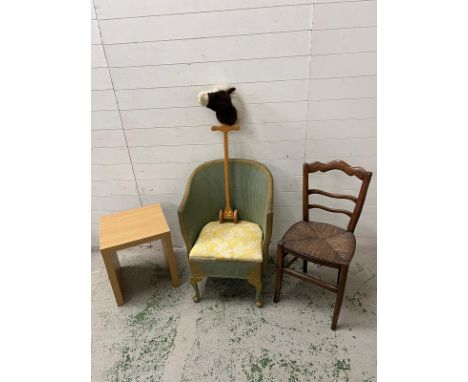 A mixed selection of furniture items to include a Lloyd Loom chair, side table, hall chair and kids hobby horse 