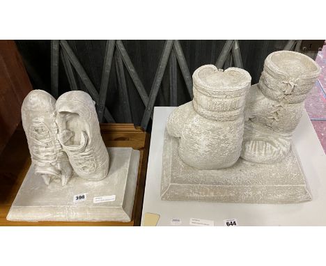 PAIR OF TROPHY PEDESTAL STATUES (BOXING GLOVES &amp; FOOTBALL BOOTS)