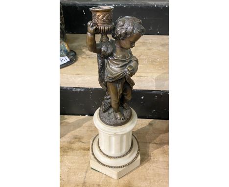 BRONZE CHERUB ON  PLINTH CANDLE HOLDER