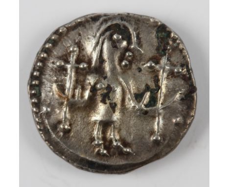 An early Anglo-Saxon period sceatta, secondary phase, series U, obverse with female looking right, holding crosses, reverse w