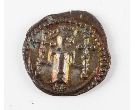 An early Anglo-Saxon period sceatta, secondary phase, series U, obverse with female looking right, holding crosses, reverse w