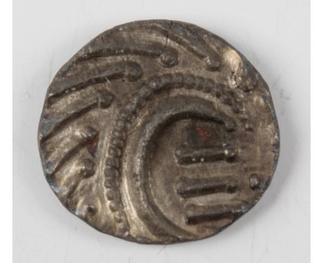 An early Anglo-Saxon period sceatta, secondary phase, series E, obverse with porcupine crescent, reverse with standard with d