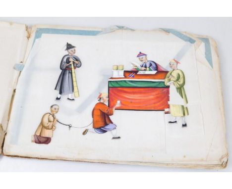 Chinese Republican School. Figure in court room, in chains pleading innocence, polychrome rice paper drawing, 18cm x 25cm, va