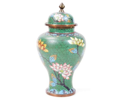 A 20thC Chinese cloisonné vase, the compressed domed lid and shouldered inverted circular body profusely decorated with flowe