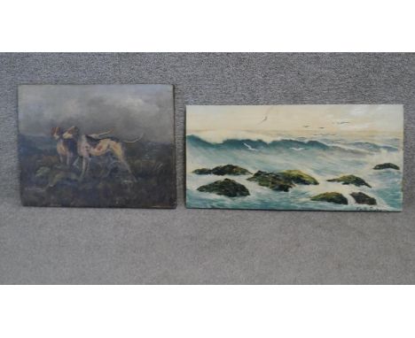 Two oils on canvas, one depicting two dogs on a moorland, signed R.G. Baldwin, measuring H.37 W.47cm; the other depicting a s