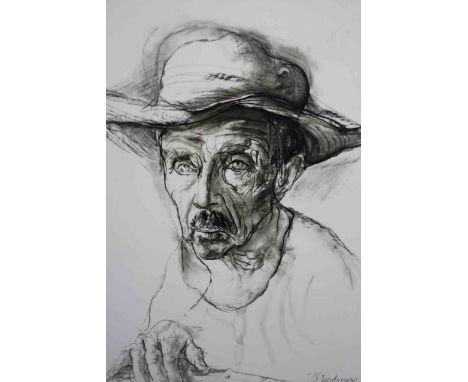 A framed and glazed print of charcoal portrait of a man in a hat. Signed E. Monaco, 1967. H.80 x W.80 cm 