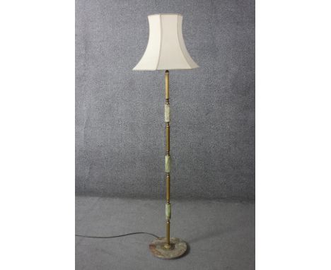 A mid century vintage brass and onyx standard lamp and shade. H.173 Diam. 50 cm. 