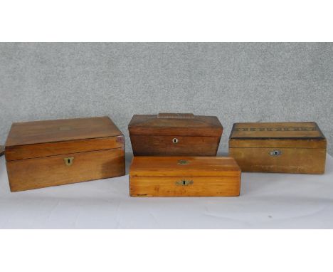 A Regency rosewood sarcophagus shaped tea caddy, a 19th century walnut and inlaid box along with two other 19th century boxes