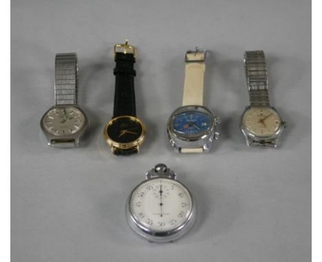 A collection of five vintage watches. Including a Memostar Alarm stainless steel vintage gentleman's wristwatch, oval blue di