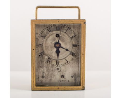 French gilt metal cased travel clock, silvered dial with alarm mechanism, 9.5cm.