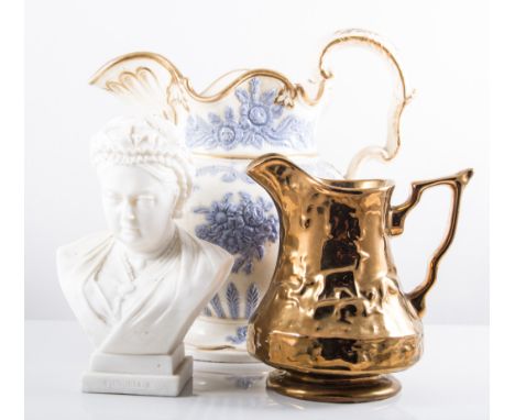 Victorian Parian bust, Victoria R, square base, height 15cm, Victorian jug, copper lustre, meat plates and later teaware, (qu