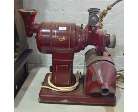Vintage maroon painted coffee grinder, Crypto, all British, 54cm.