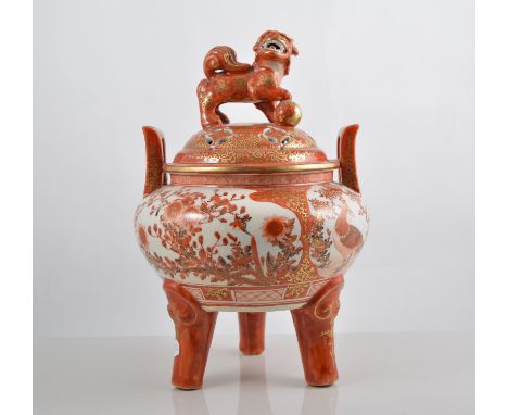 Japanese Kutani Koro, Temple Lion finial, floral panels, red and gold ground, three legs, height 30cm and a Japanese Kutani b