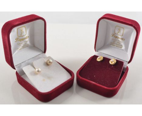 Three pairs of stud ear-rings, a pair of 6.5mm pearl studs, a 5mm cabochon cut opal in a gold surround, a 3.5mm seed pearl in