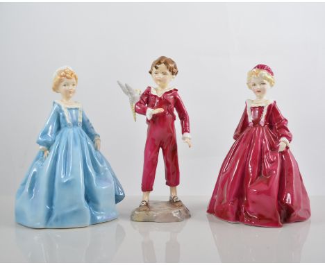 Royal Worcester model, "Grandmother's Dress", 3081, height 18cms, red another blue, "First Dance" and "The Parakeet", (a.f), 