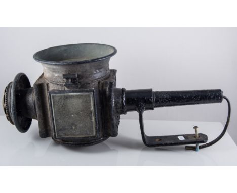 Painted metal tin and contents, three pewter measures and a carriage lamp, (5).