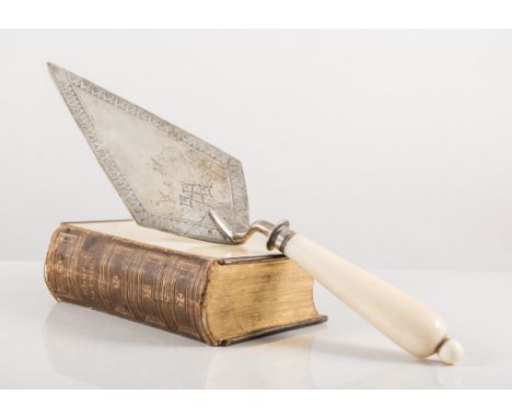 Victorian silver presentation trowel, turned ivory handle (London 1870) 28.5cm, an ivory faced book of church services, (cove