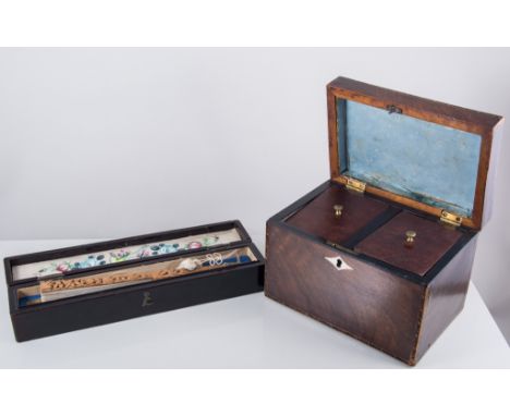 Georgian mahogany oblong shape tea caddy, parquetry banding, two section interior, width 19cm and a fan in a lacquered case, 