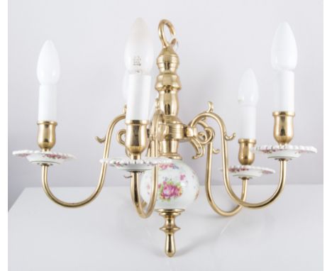 Brass and ceramic five light chandelier, with electric candle fitments, 35cm drop.
