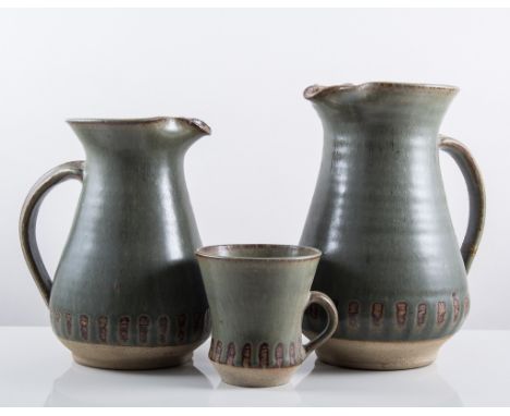 Adrian Lewis-Evan, studio pottery stoneware coffee set, comprising coffee pot, jug, eleven cups, nine saucers, two plates.