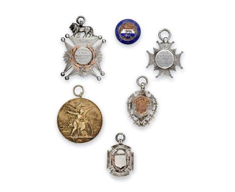 Five Various Victorian and Edward VII Silver Medals and a Victorian Silver and Enamel Button, the medals each of various form