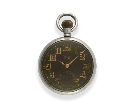 A Stainless Steel Military Open Faced Pocket Watch, signed Rolex, circa 1940, lever movement signed and numbered 886, black d