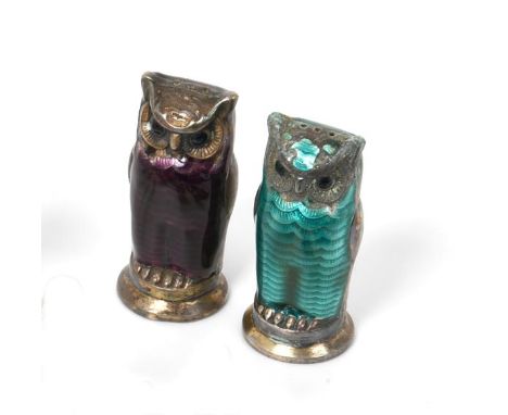 A Pair of Norwegian Silver-Gilt and Enamel Pepperettes, by David Andersen, 20th Century, each realistically modelled as an ow