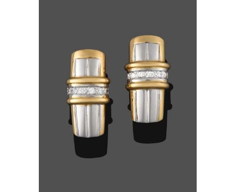 A Pair of Diamond Earrings, the oblong plaques formed of a white centre and a yellow border with round brilliant cut diamond 