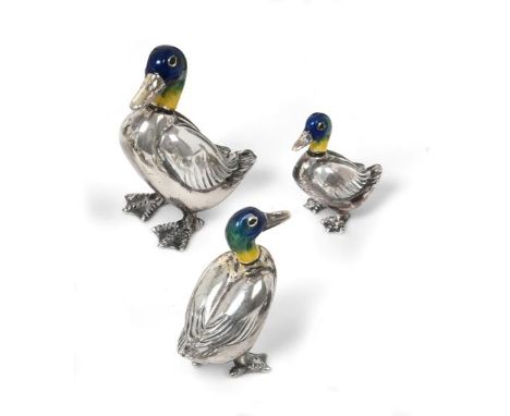Three Enamelled Silver Models of Ducks, Probably Saturno, With English Import Marks for Mark Houghton, London, Probably 1997,