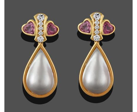 A Pair of Diamond, Pink Tourmaline and Mabe Pearl Drop Earrings, a row of five graduated round brilliant cut diamonds in yell