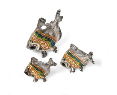 Three Enamelled Silver Models of Fish, Probably Saturno, With English Import Marks for Mark Houghton, London, 1997, each real