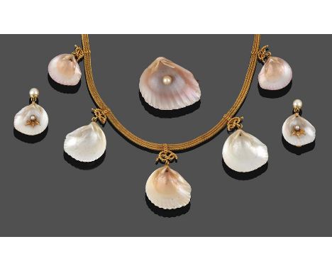 A Victorian Shell Necklace, five natural shells suspended from a yellow fine woven chain by lovers knot motifs, length 42cm; 