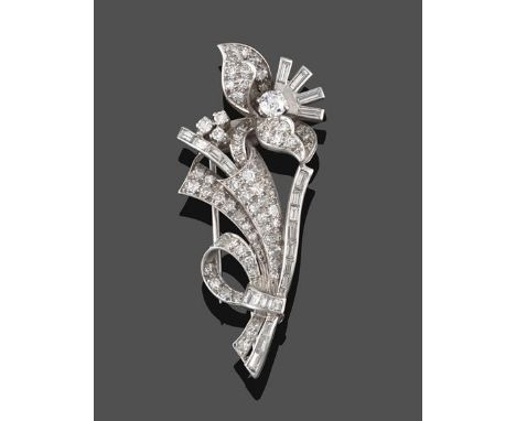 A Diamond Floral Spray Brooch, realistically modelled as a ribbon tied flower, set throughout with round brilliant cut, old c