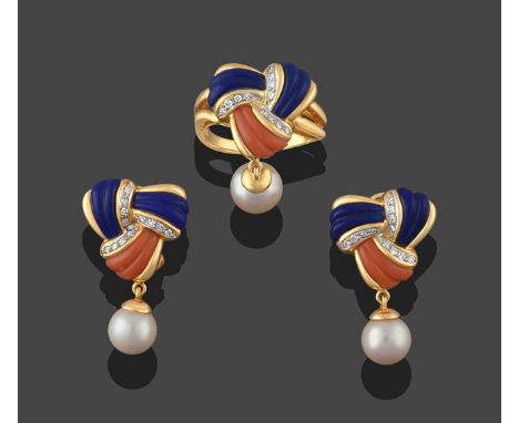A Coral, Lapis Lazuli, Cultured Pearl and Diamond Ring, realistically modelled as a knot, formed of two lapis lazuli sections