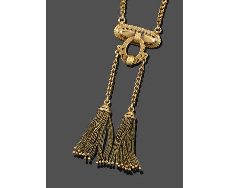 A Victorian Brooch/Pendant on Chain, two yellow tassel drops chain linked from a circular loop with a textured and beaded bor