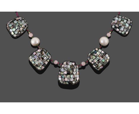 A Multi-Gemstone Bead Necklace, five graduated abalone mosaic panels centrally spaced by cultured pearls, ruby, tsavorite gar
