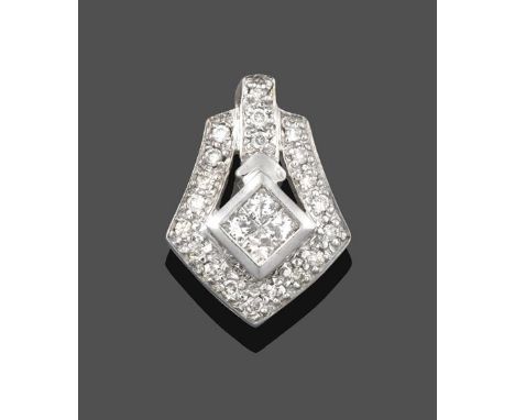 An 18 Carat White Gold Diamond Pendant, the central kite-shape formed of four princess cut diamonds in rubbed over settings, 