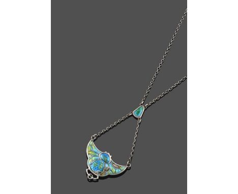 An Art Nouveau Silver and Enamel Pendant Necklace, by Charles Horner, a winged scarab motif enamelled in blue and green, hung